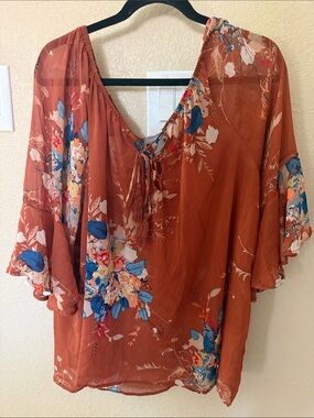 Lovesick Rust Floral Tie-Front Boho Tunic Plus Size 3